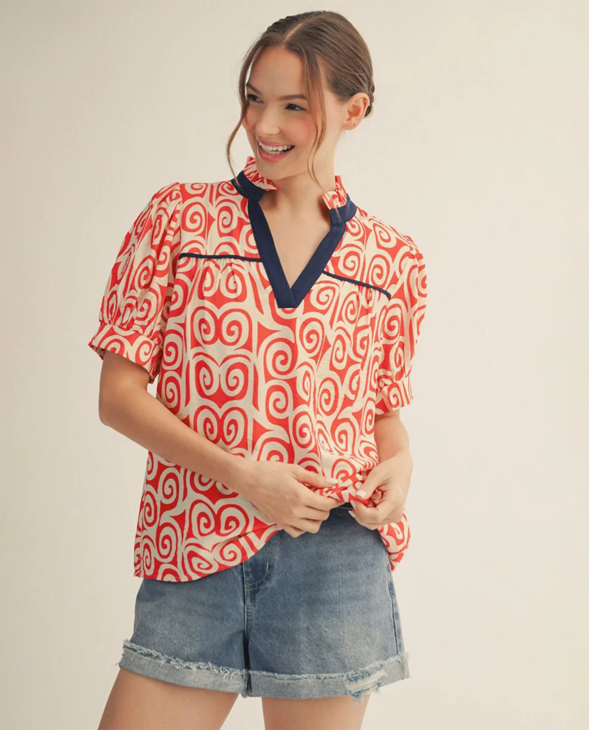 Jodifl Swirl Print Top With Ruffle Neckline Red