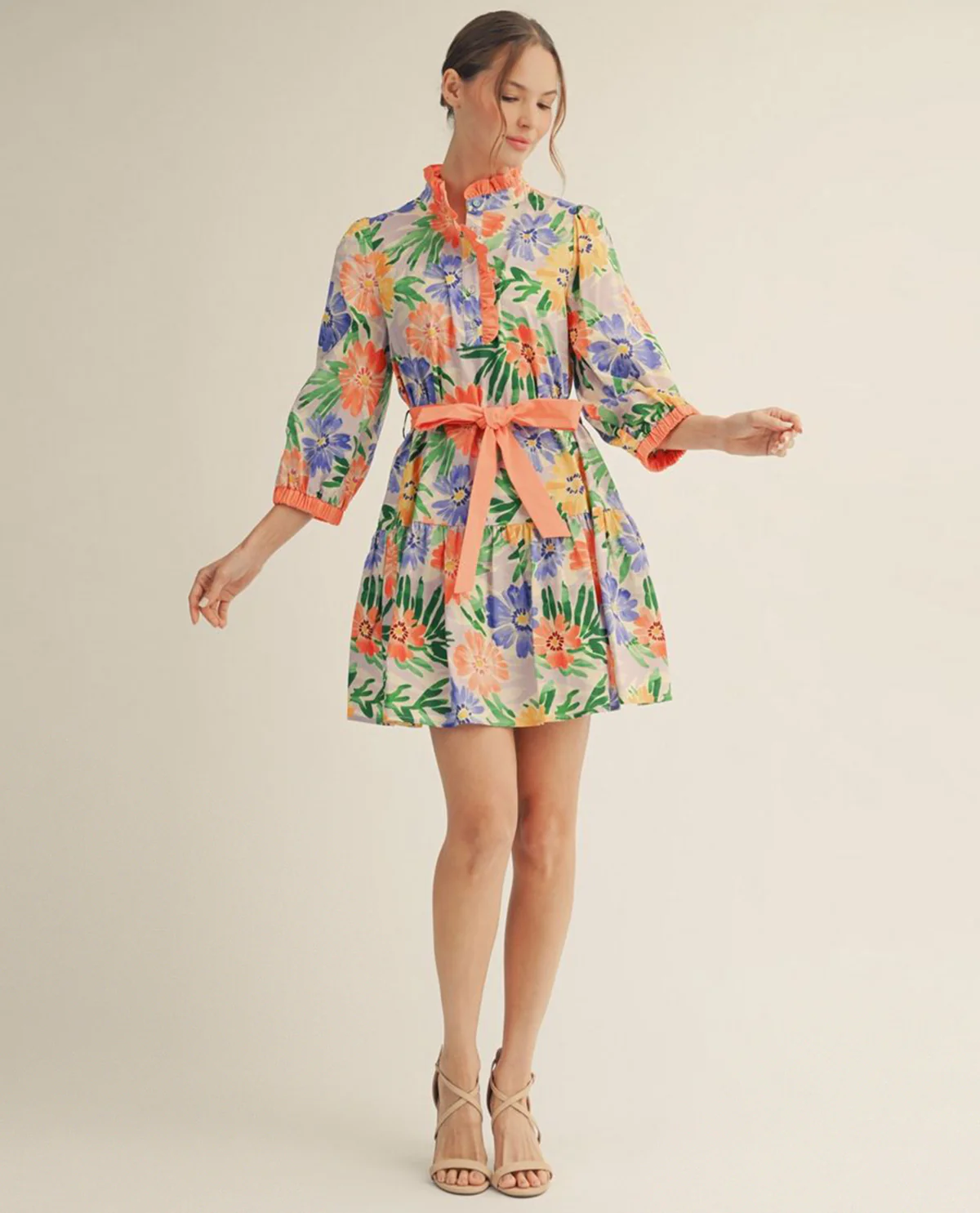 Jodifl Tiered Floral Dress With Waist Tie Coral