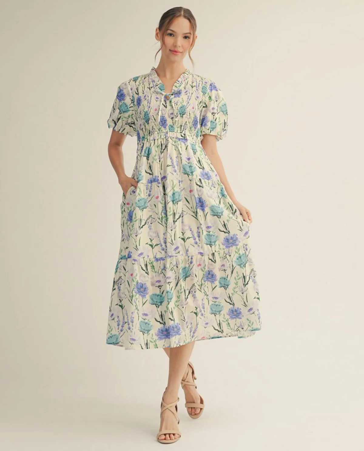 Jodifl Tiered Floral Midi Dress Blue