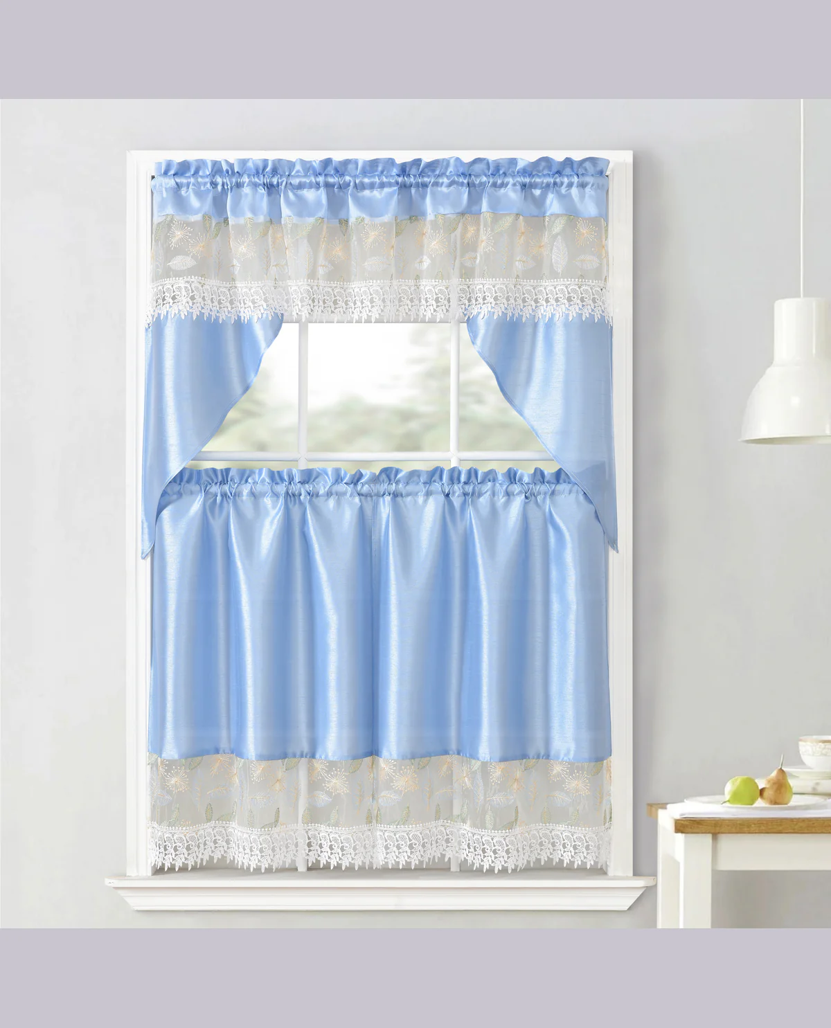 Leaf Embossed Macrame Kitchen Curtains Blue