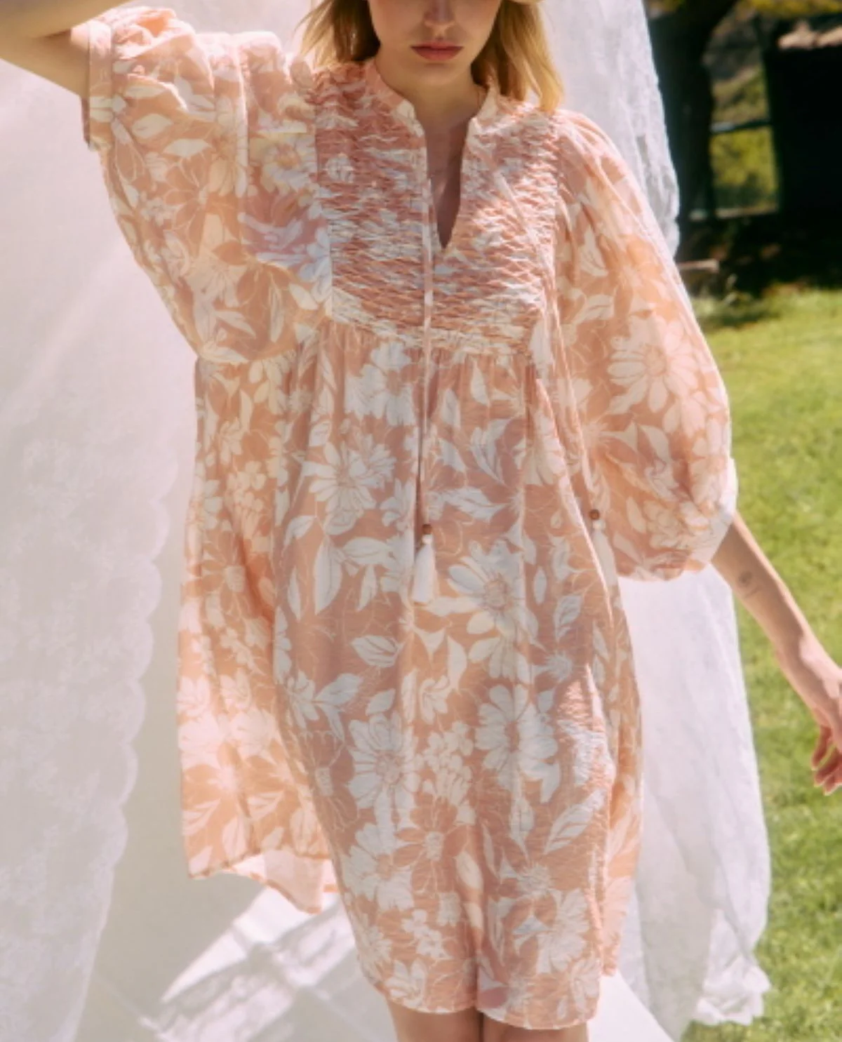 Oddi Floral Smocked Neckline Dress Blushed Petal