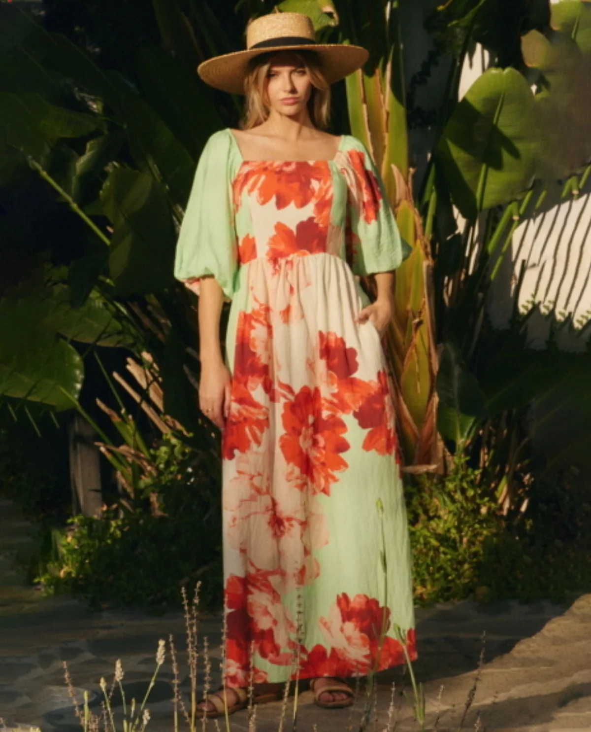 Oddi Floral Print Square Neck Maxi Dress Pistachio