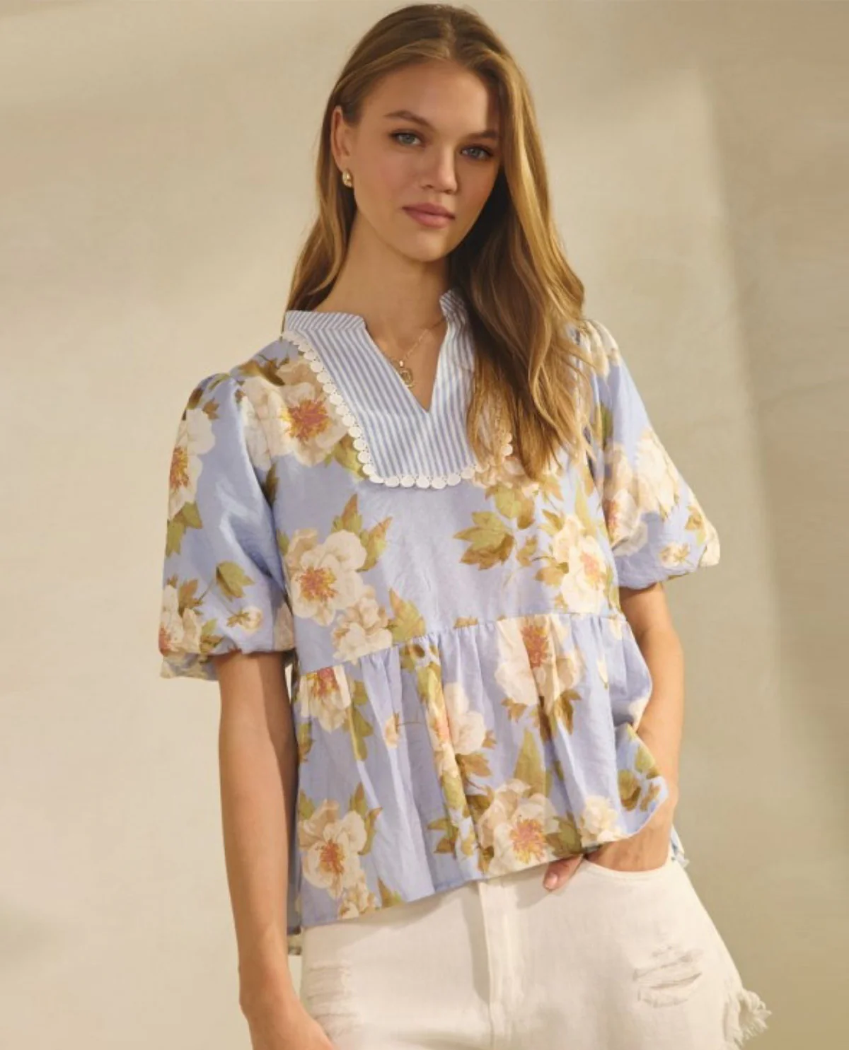 Oddi Puff Sleeve Floral Top Periwinkle
