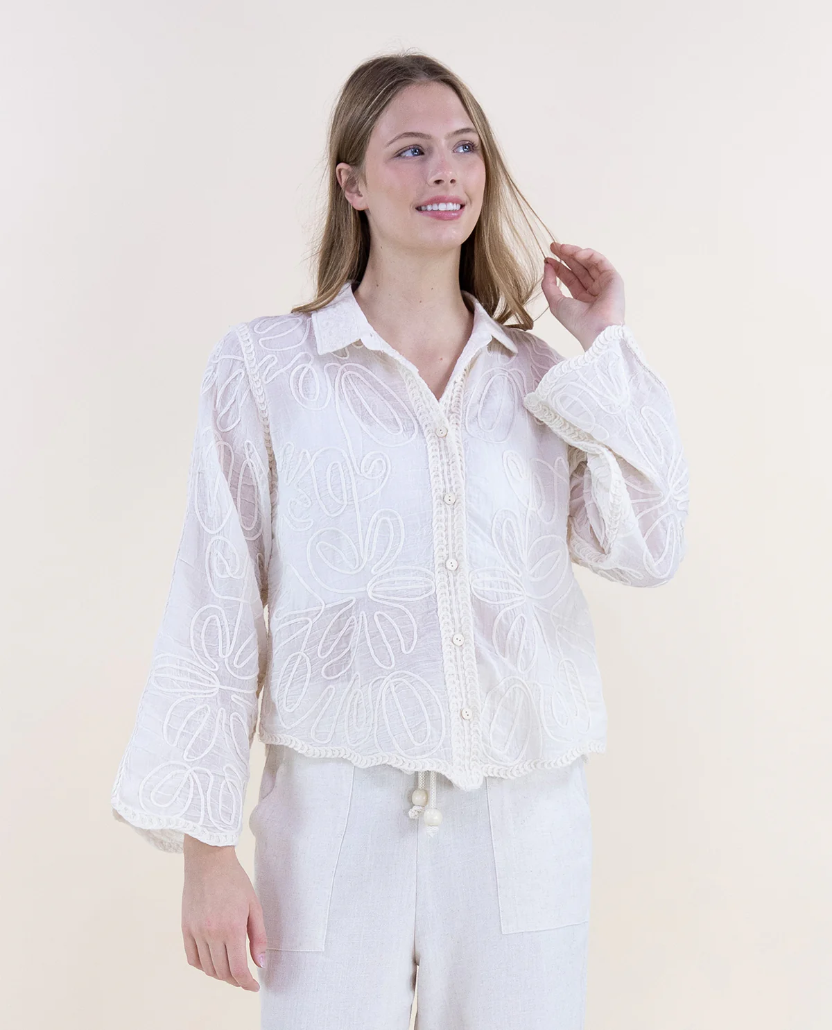 Original USA Scalloped Hem Button Front Top Beige