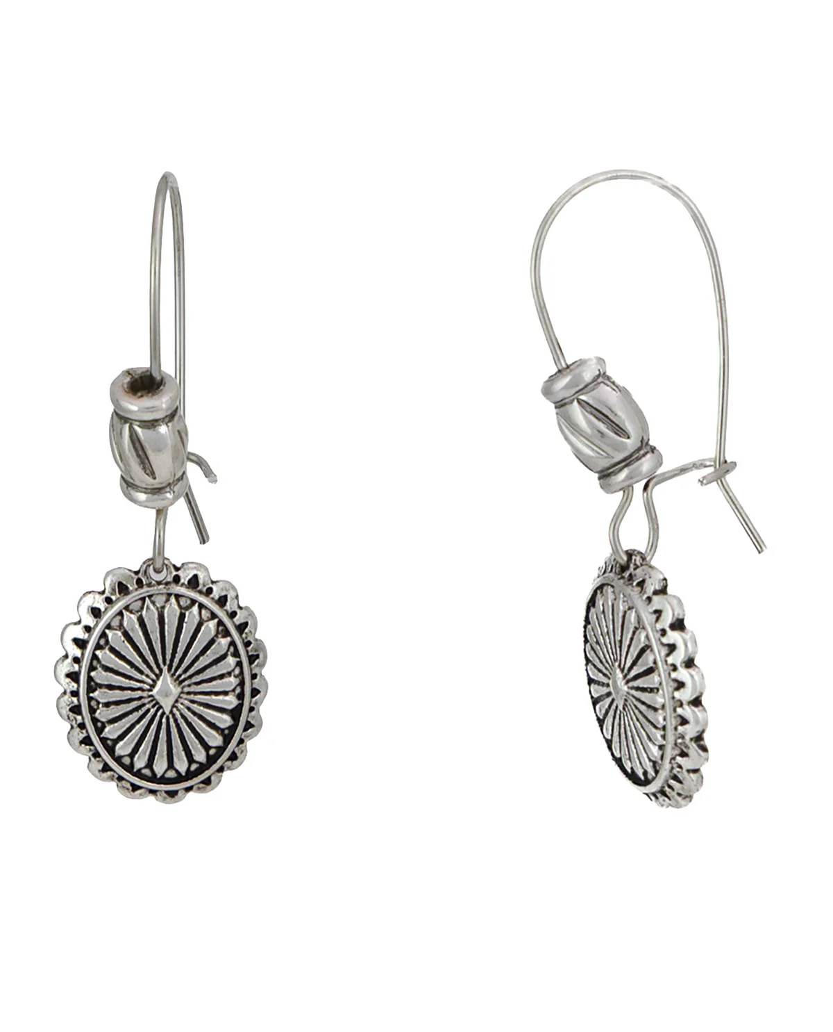 Silver Small Text Oval Disc Hook Earrings