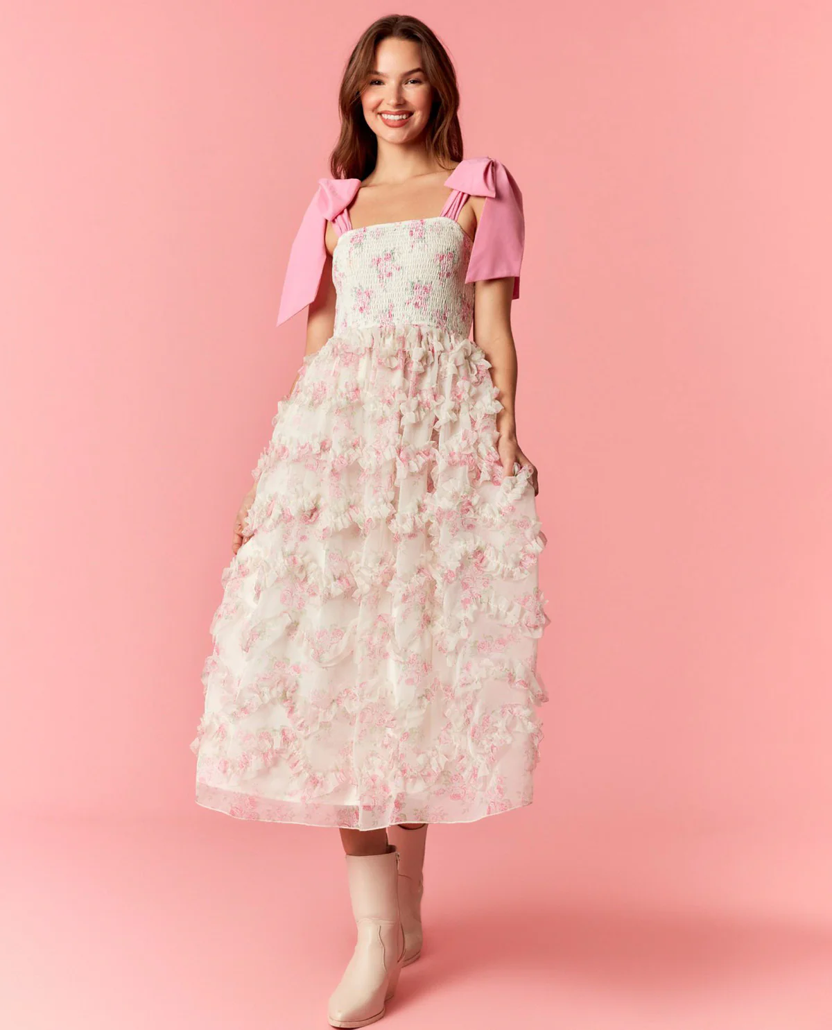 Peach Love Floral Smocked Dress With Bow