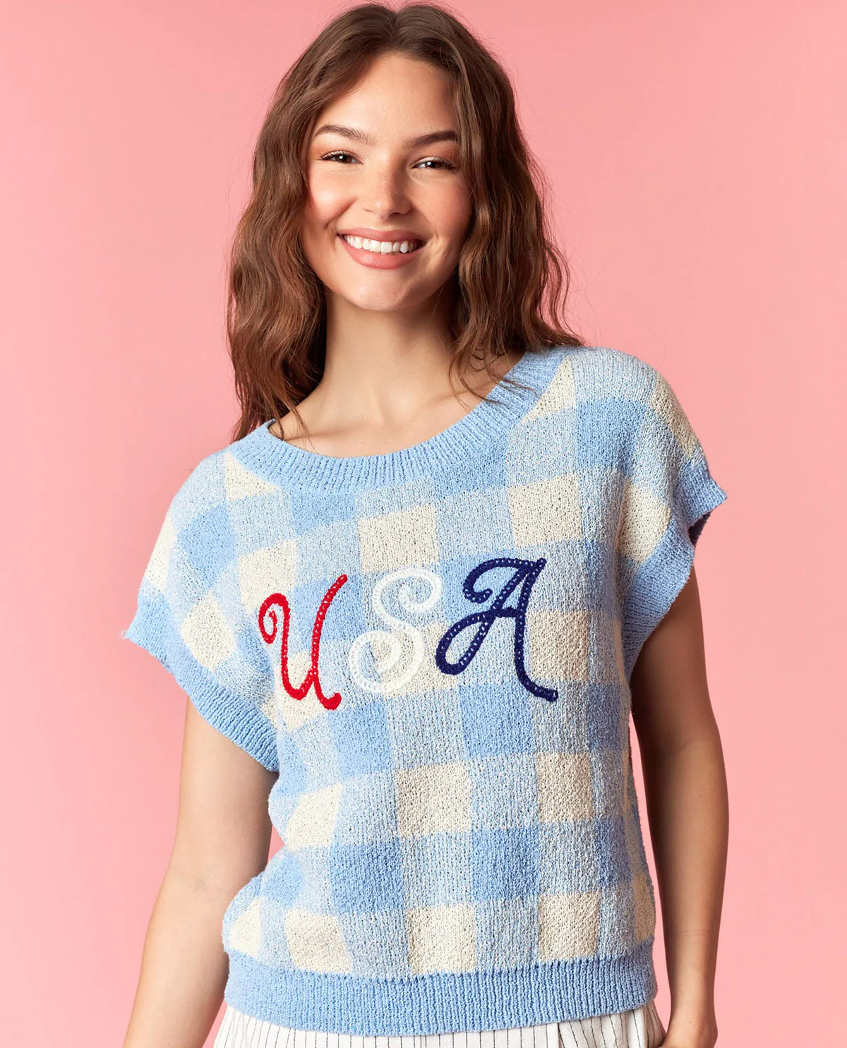 Peach Love Gingham USA Top Lt Blue