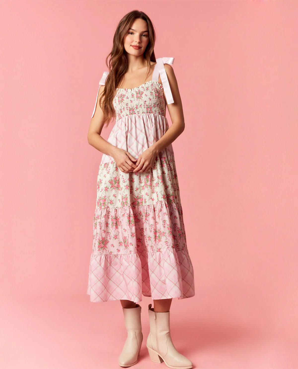 Peach Love Mixed Print Tiered Dress