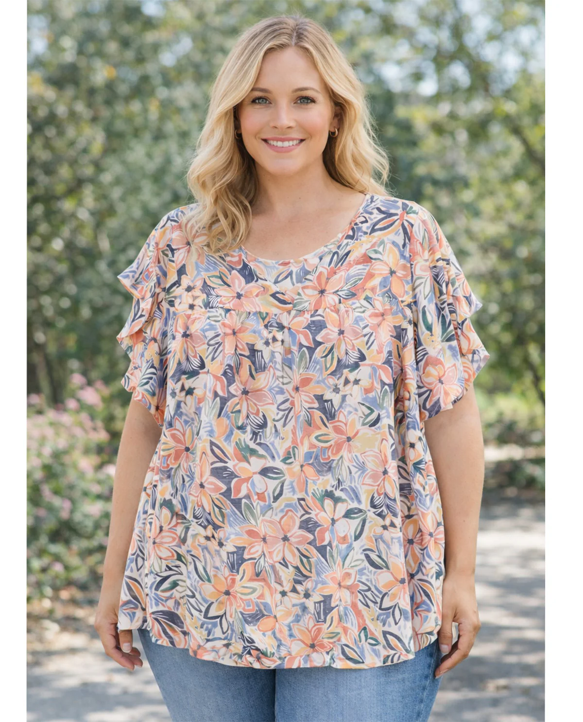 Palm Rio Print Ruffle Sleeve Top White/Green