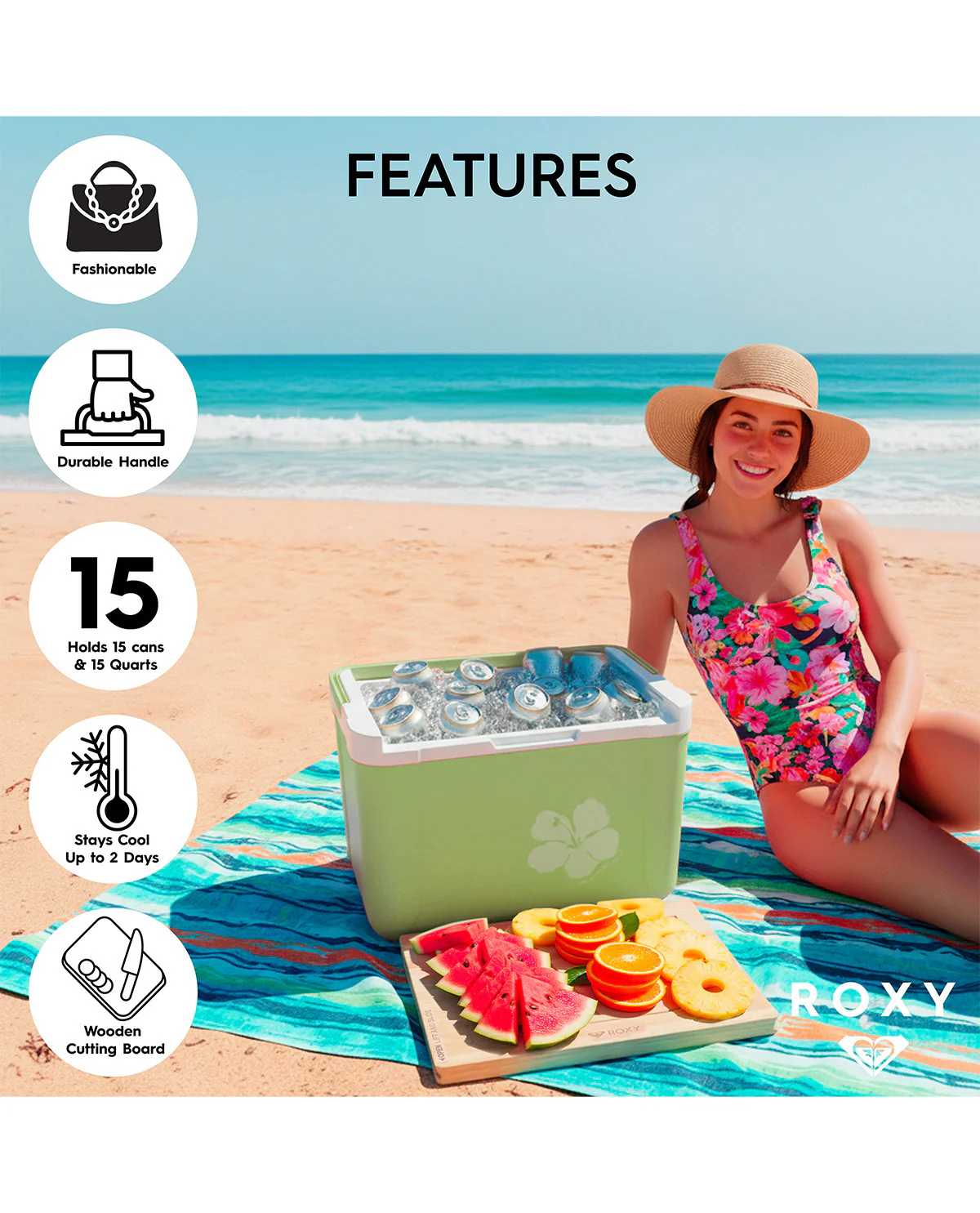 Roxy 15qt W/wooden Lid Cooler Green/Pink - Image 2
