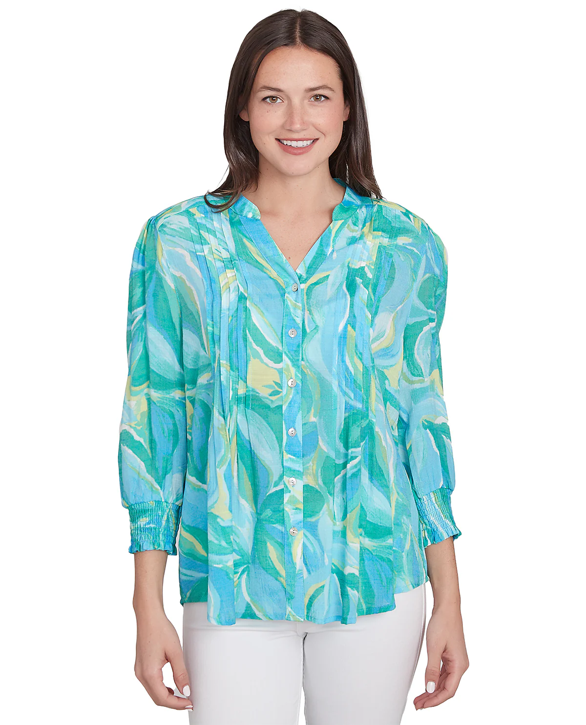 Ruby Road Paradise Cove 3/4 Sleeve Silky Slub Top Ocean Blue