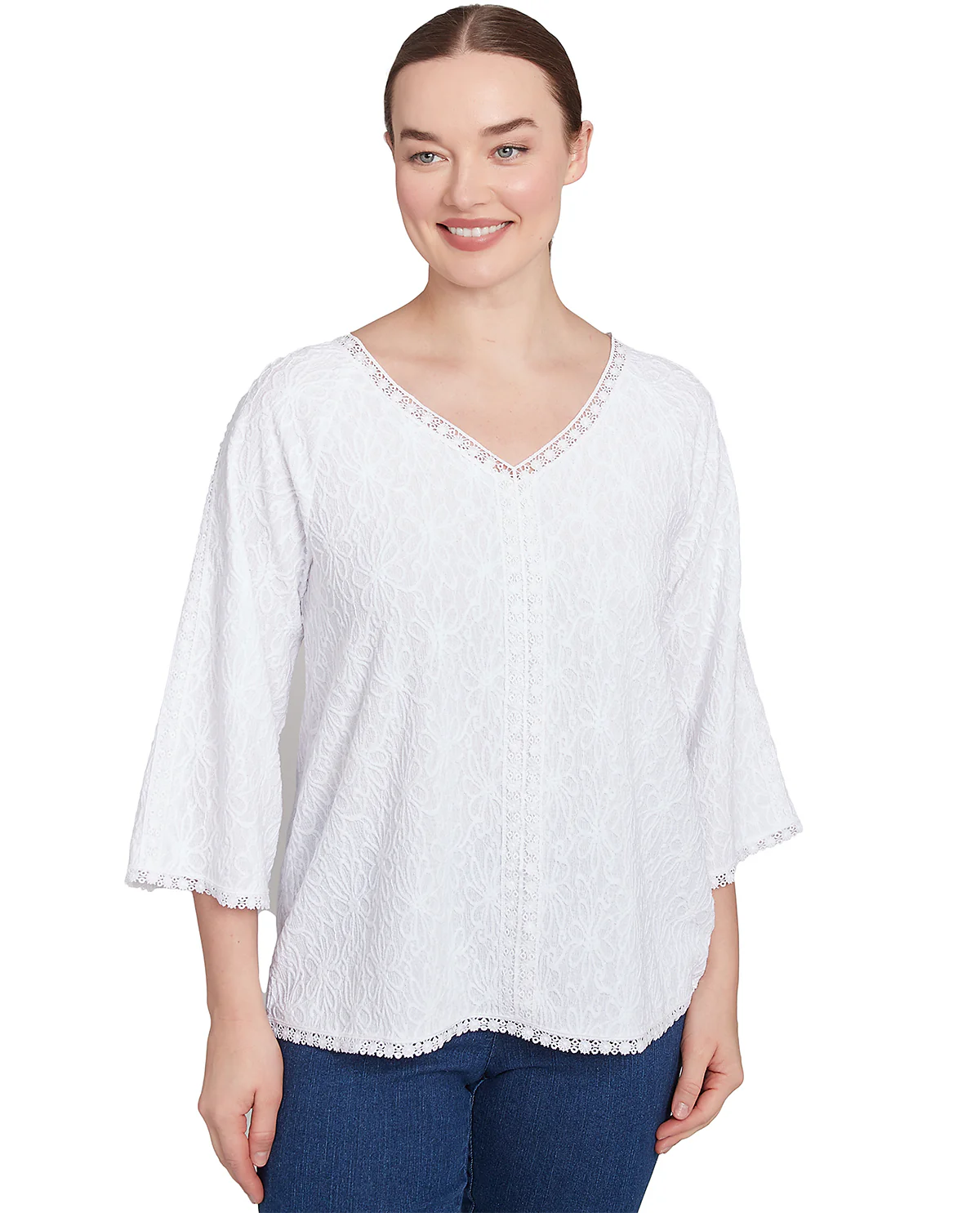 Ruby Road Bali Bliss 3/4 Sleeve V-Neck Floral Gauze Top White