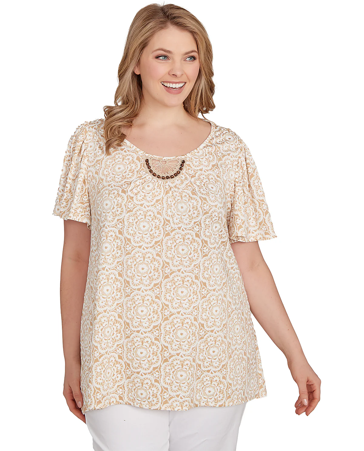 Ruby Road Boho Chic Embroidered Macrame Knit Top - Image 2