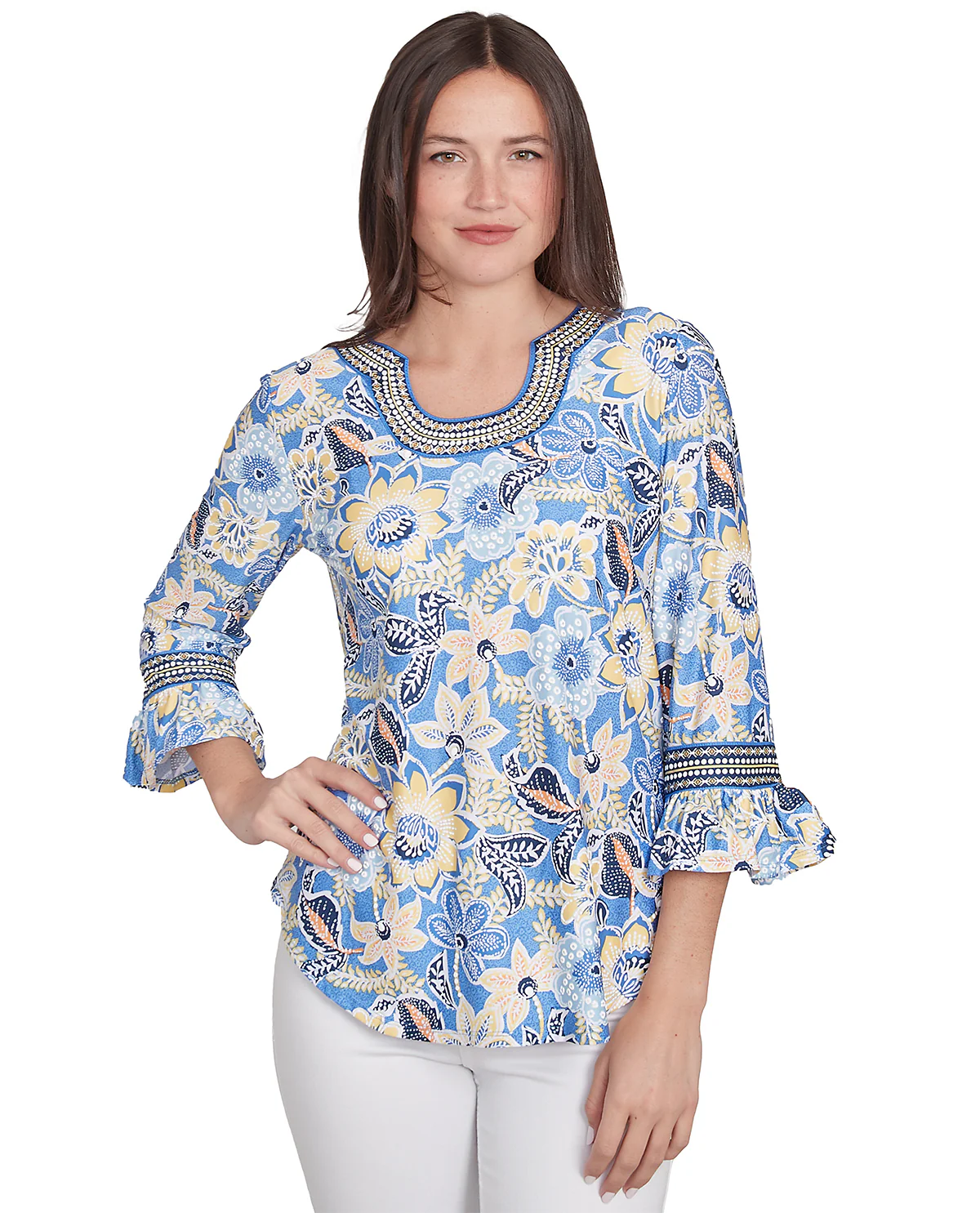 Ruby Road Petite Bella Vista Geo Knit Top Bluebird