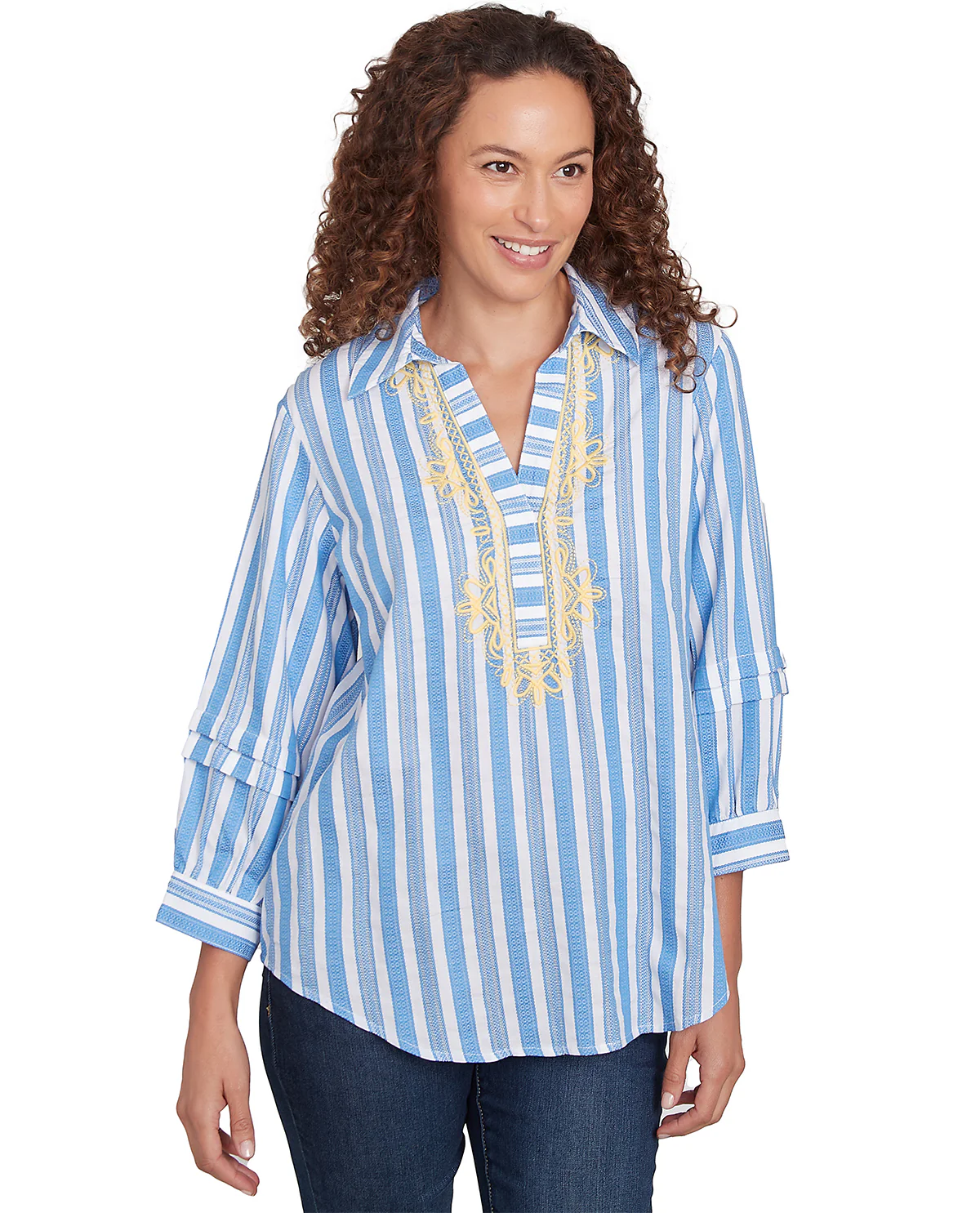 Ruby Road Bella Vista Dobby Stripe Woven Top Bluebird
