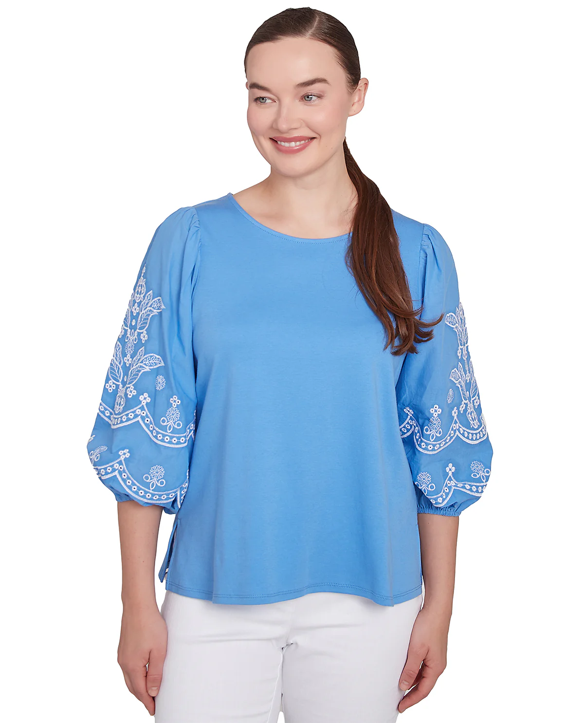 Ruby Road Petite Bella Vista Embroidered Knit Top Bluebird