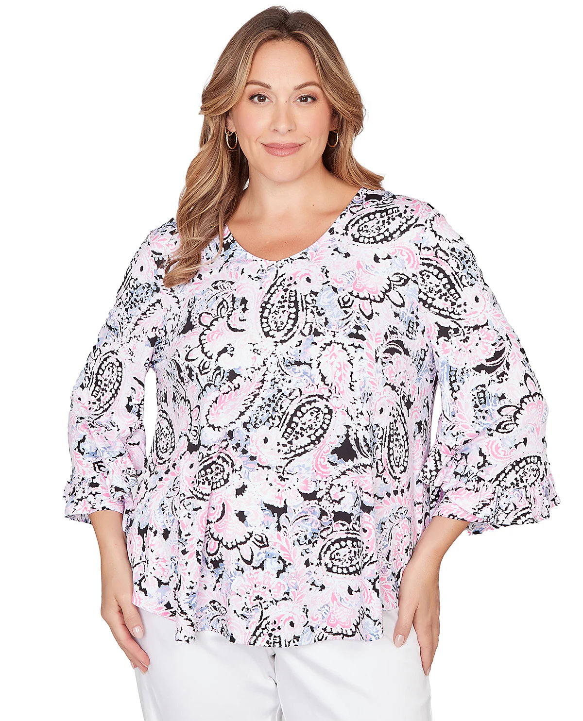 Ruby Road V-Neck Paisley Print Knit Top Hydrangea