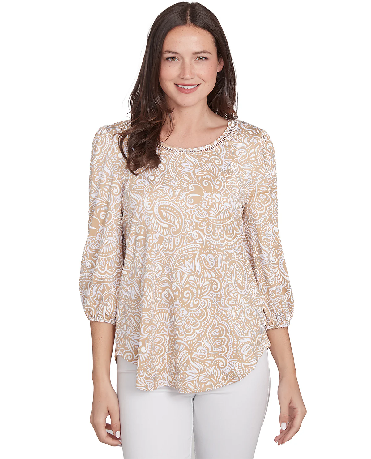 Ruby Road Hello Spring Embroidered Puff Print Knit Top