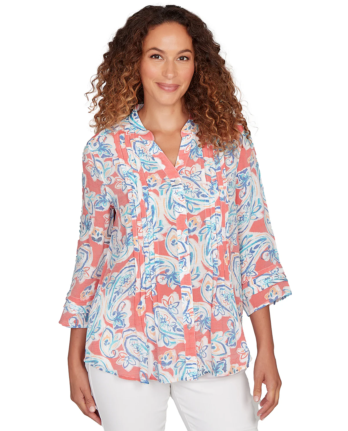Ruby Road Must Haves 3/4 Sleeve Paisley Slub Top Coral