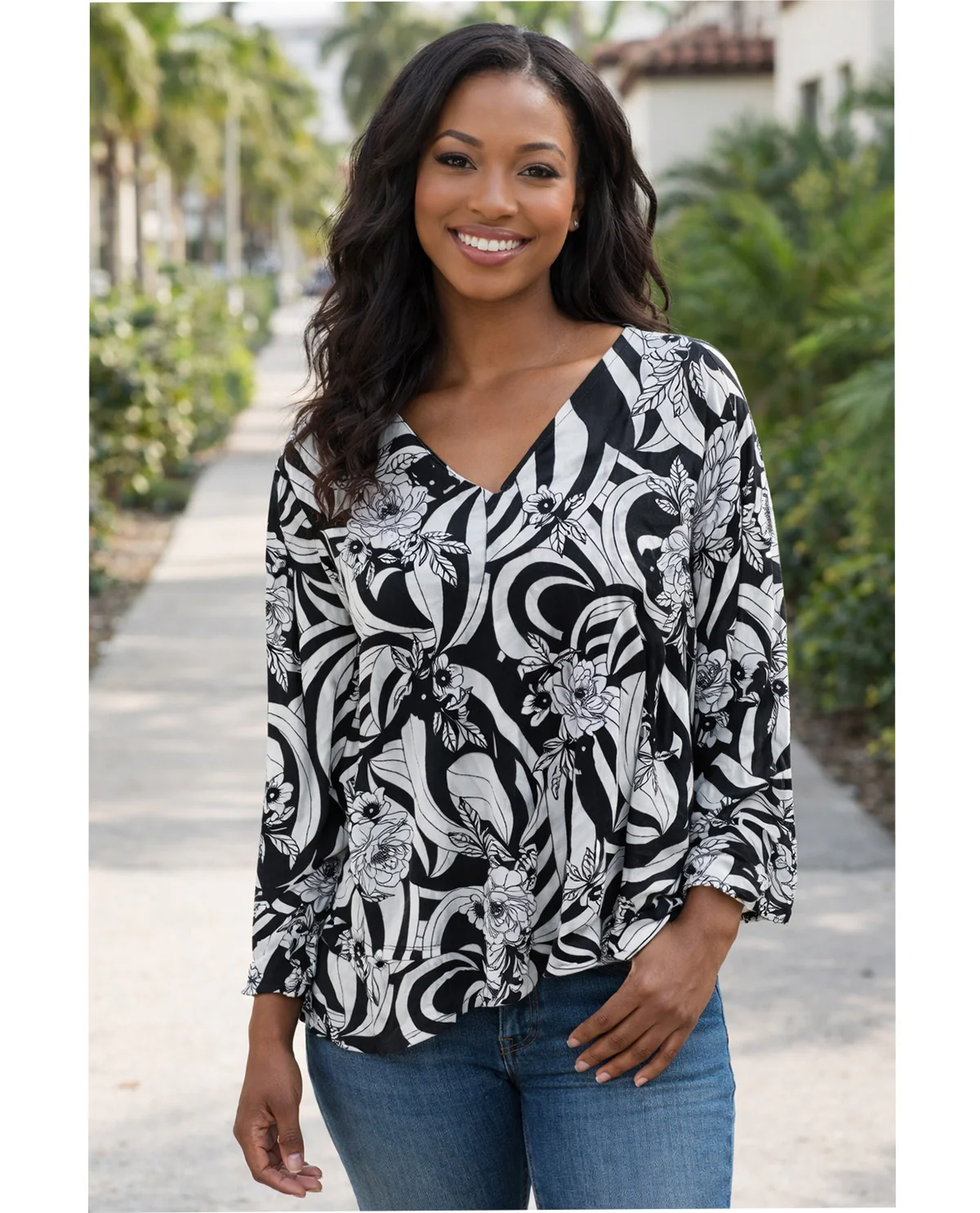 Ruby Road Must Haves Floral Knit Top Black/White