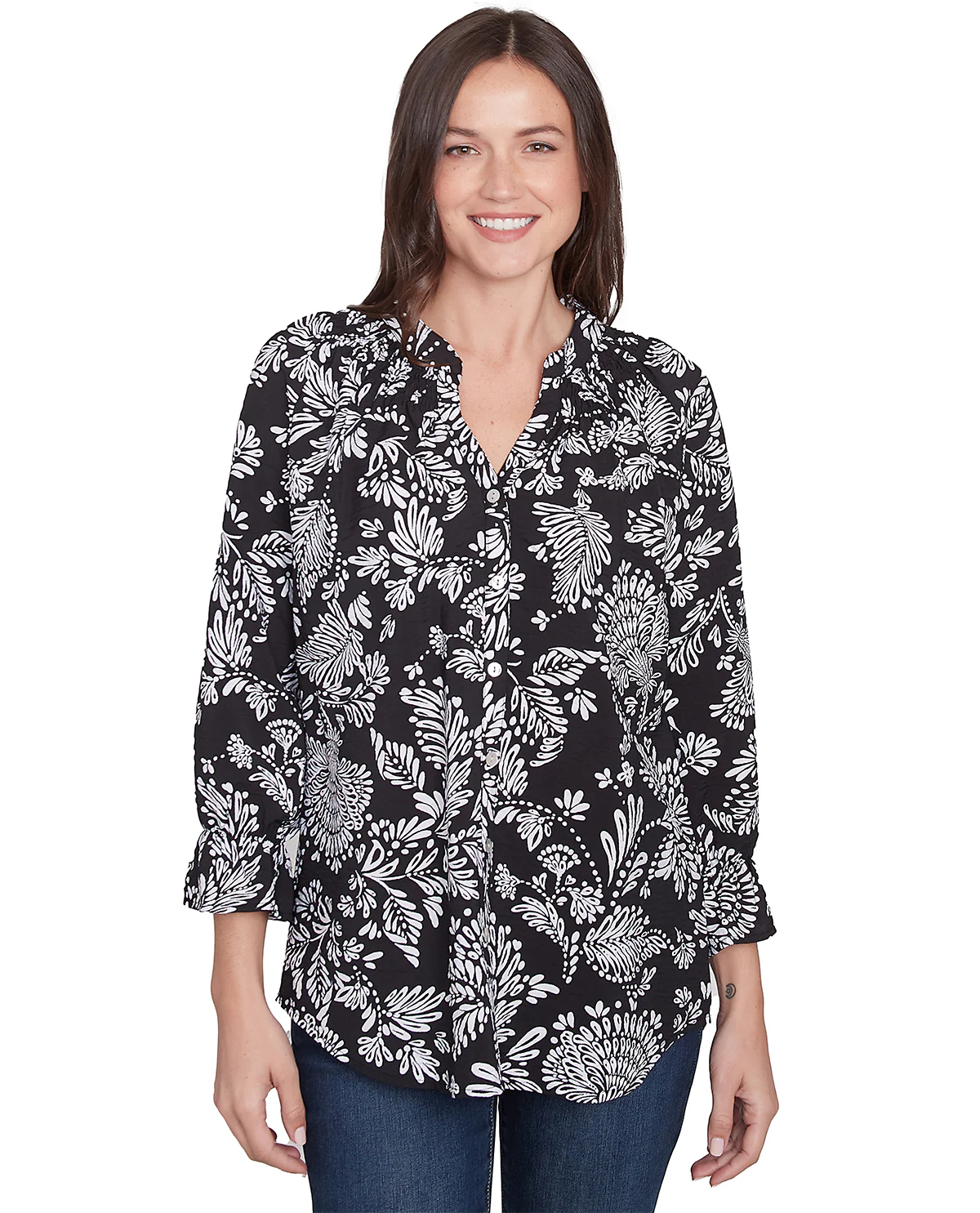 Ruby Road Monochrome Moment Floral Woven Top Black/White