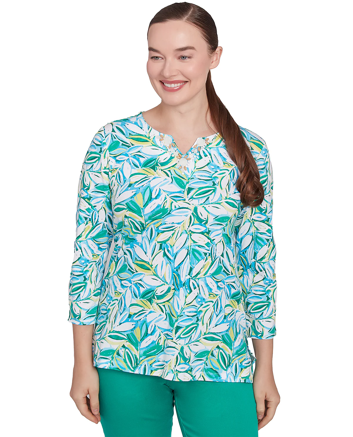 Ruby Road Paradise Cove 3/4 Sleeve Leaves Print Top Ocean Blue