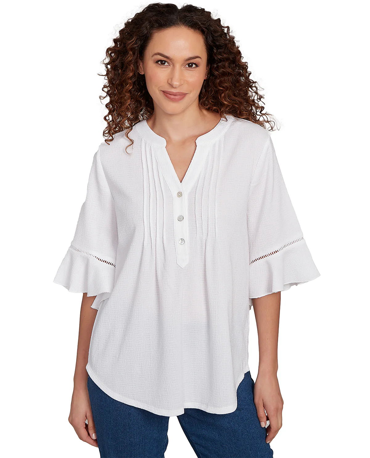 Ruby Road Paradise Cove 3/4 Sleeve Pleated Front Top White