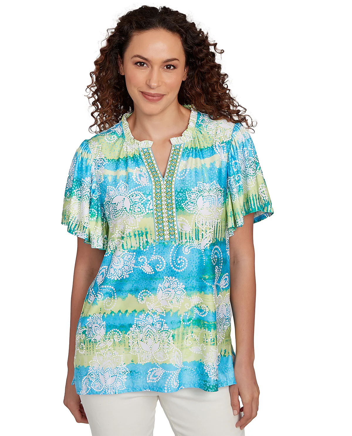 Ruby Road Paradise Cove Batik Puff Knit Top Ocean Blue