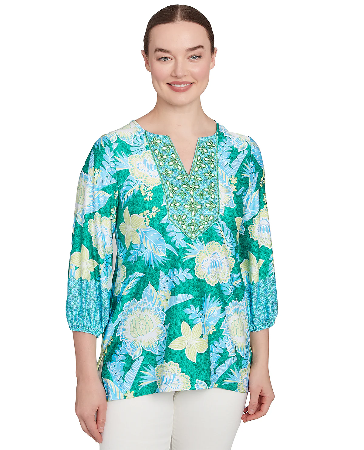 Ruby Road Paradise Cove Floral Knit Top Parrot Multi