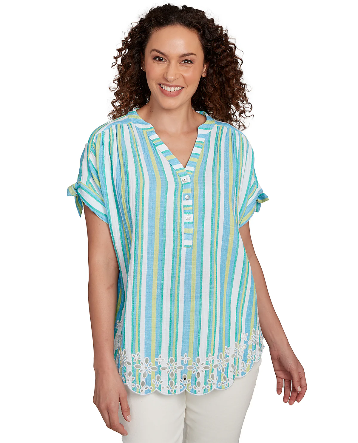 Ruby Road Paradise Cove Crinkle Woven Top Ocean Blue