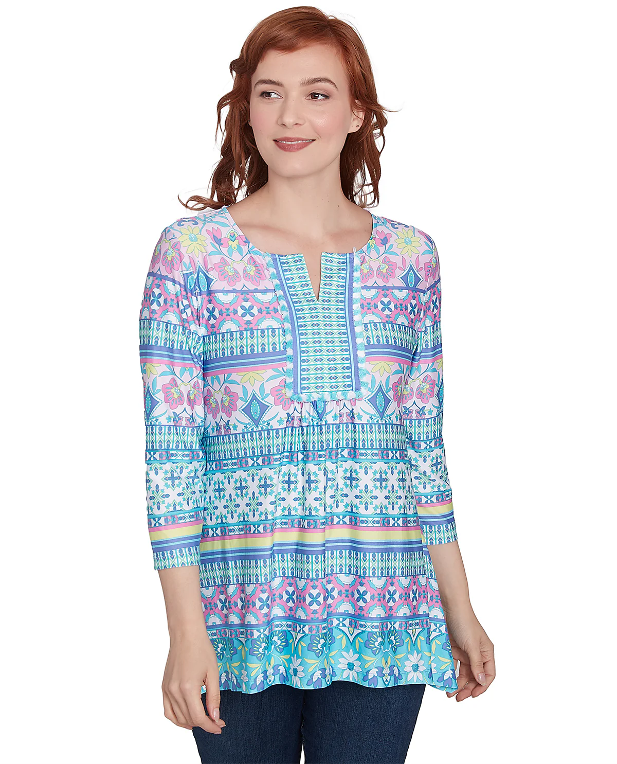 Ruby Road Spring Oasis Border Knit Top Cyclamen Multi