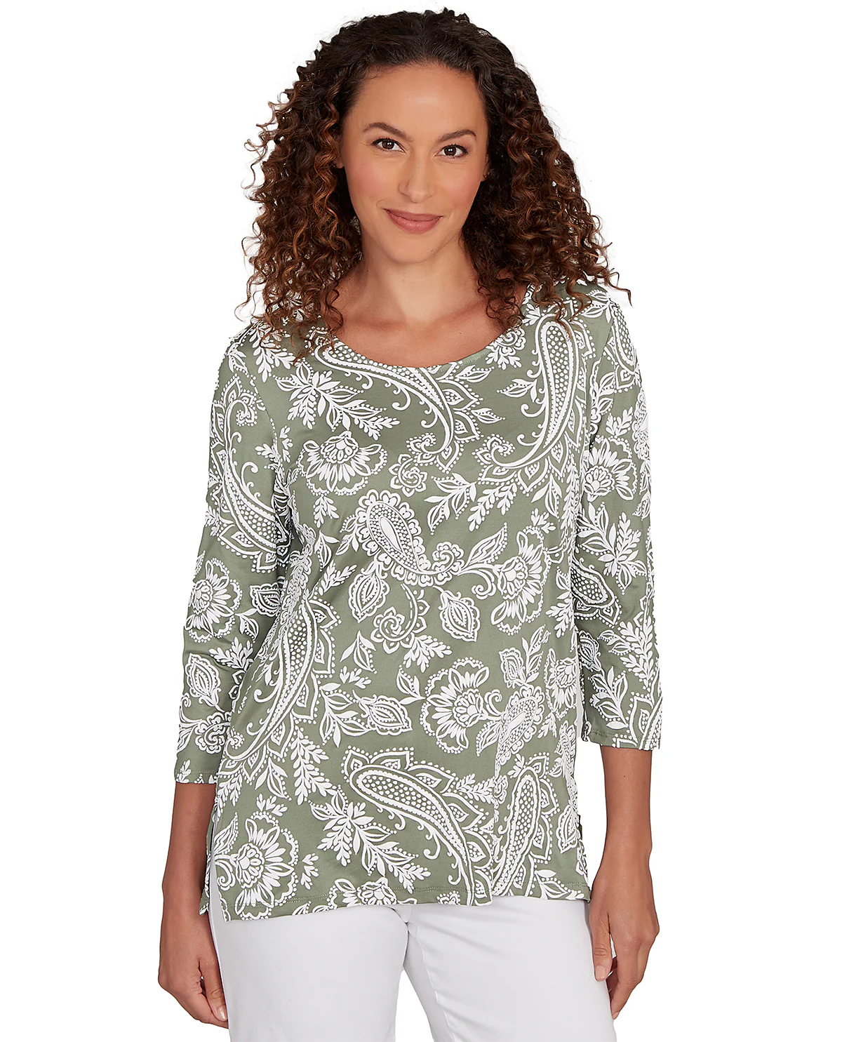 Ruby Road Stripe Right 3/4 Sleeve Paisley Knit Top - Image 2