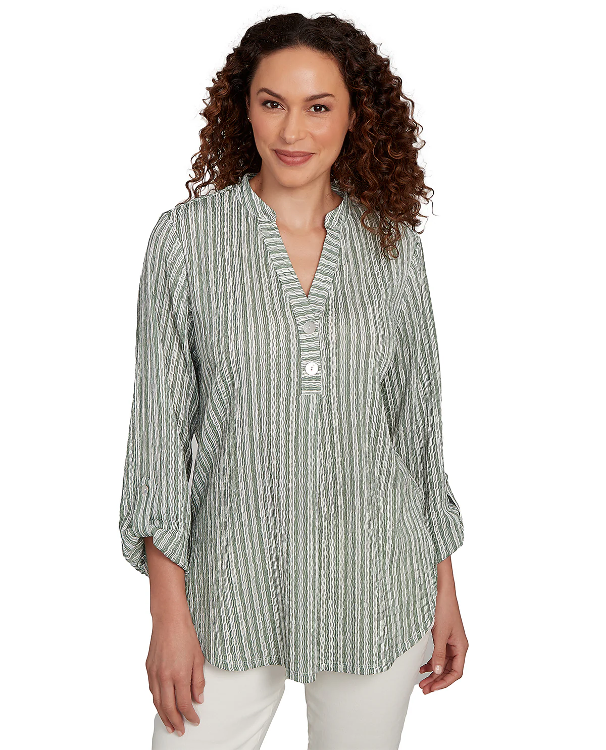 Ruby Road Stripe Right 3/4 Sleeve Crinkle Knit Top