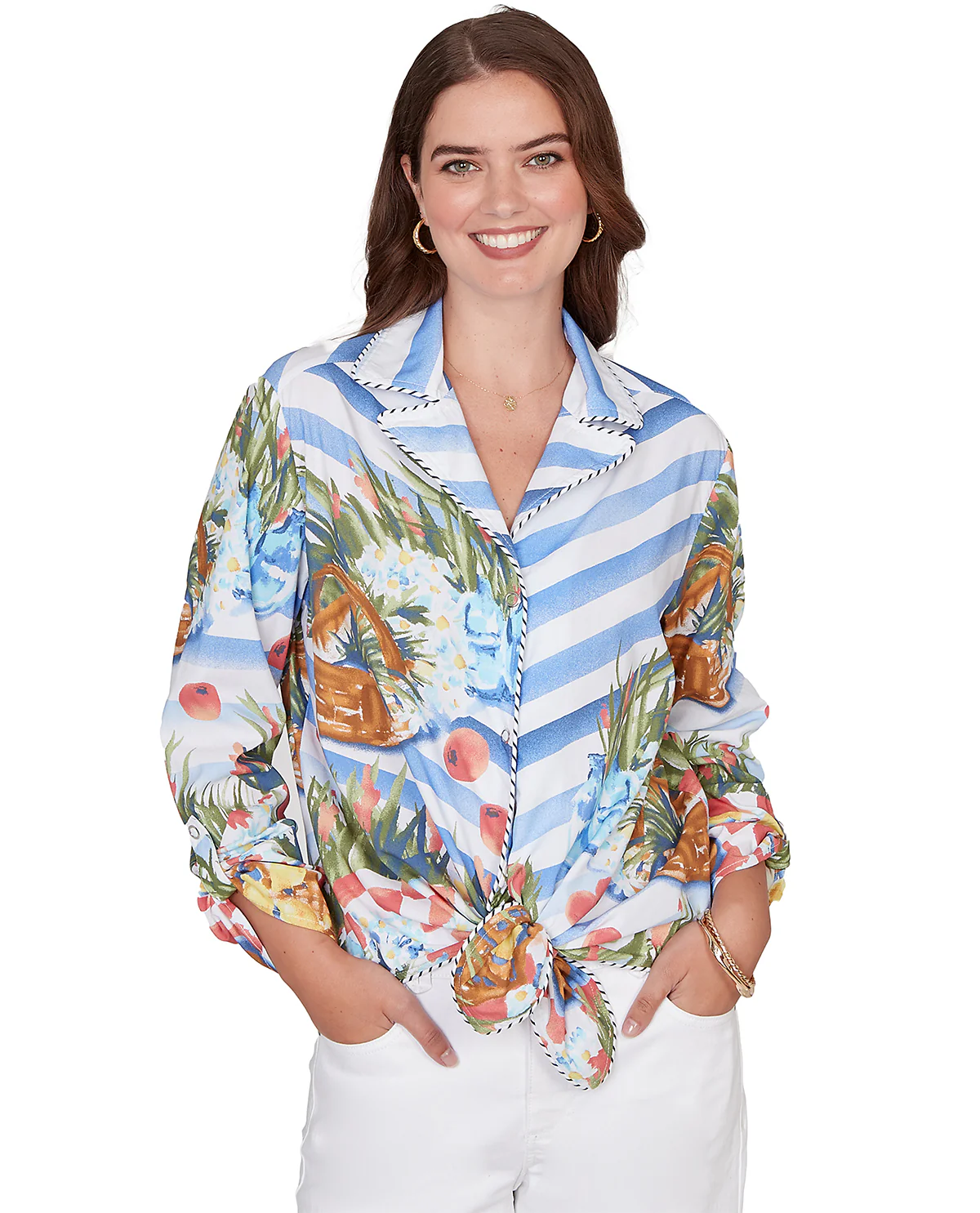 Ruby Road Set Sail 3/4 Sleeve Tie Front Top Sea Blue