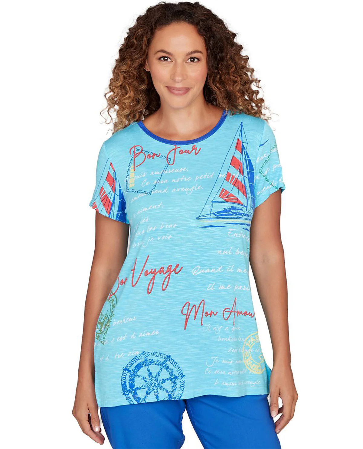 Ruby Road Petite Short Sleeve Placement Knit Top Aruba Blue