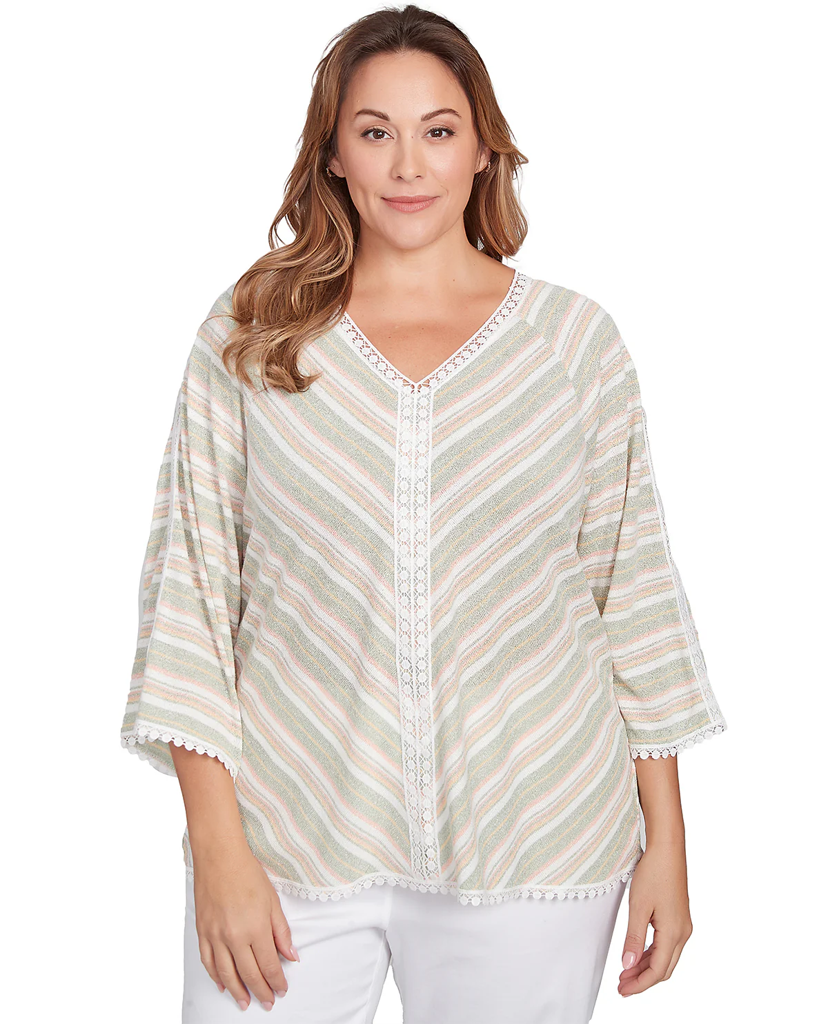 Ruby Road Tropical Oasis Lace Stripe Knit Top Olive