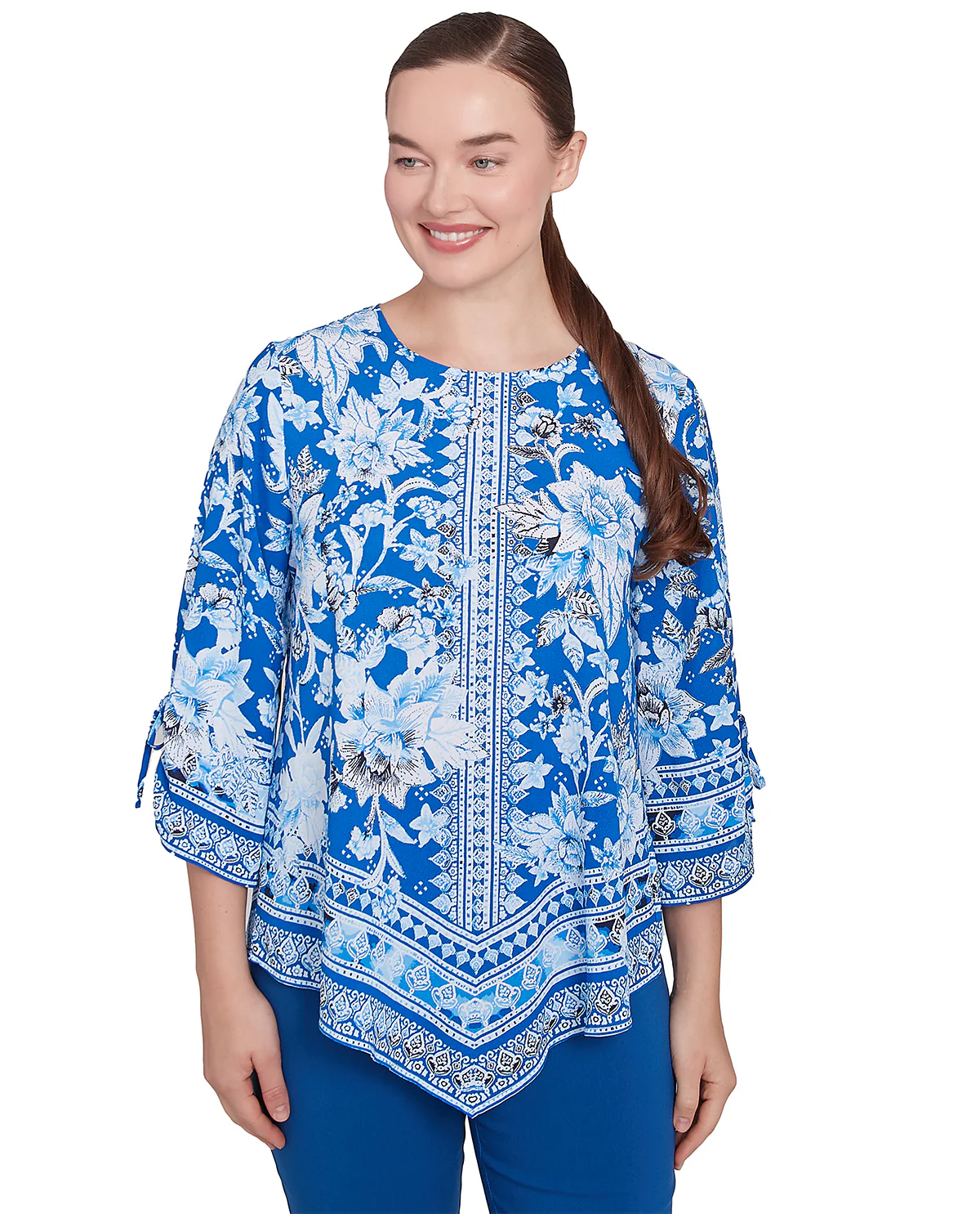 Ruby Road Petite Tinted Tides Floral Vine Woven Top French Blue