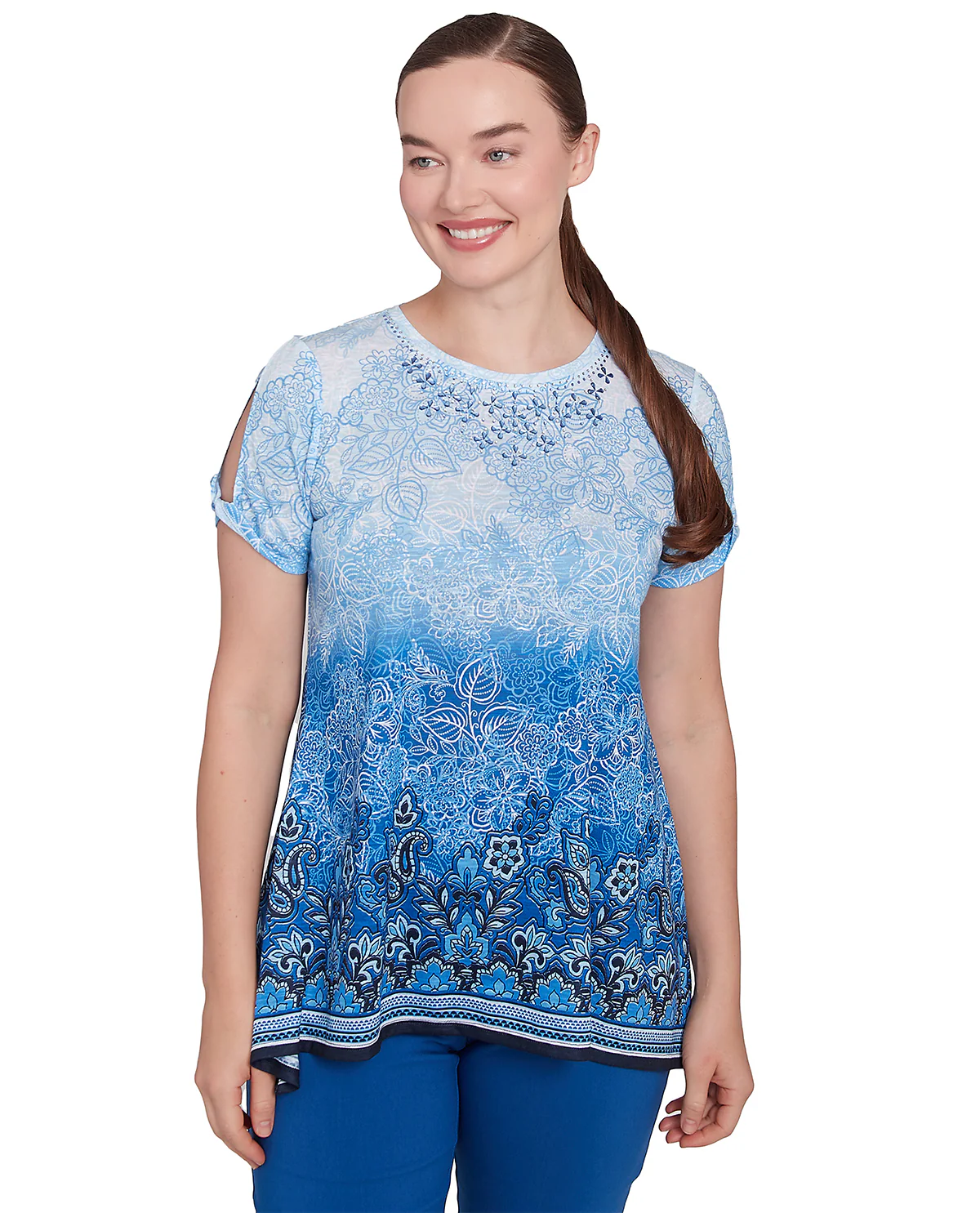 Ruby Road Tinted Tides Embroidered Paradise Knit Top Pale Sky