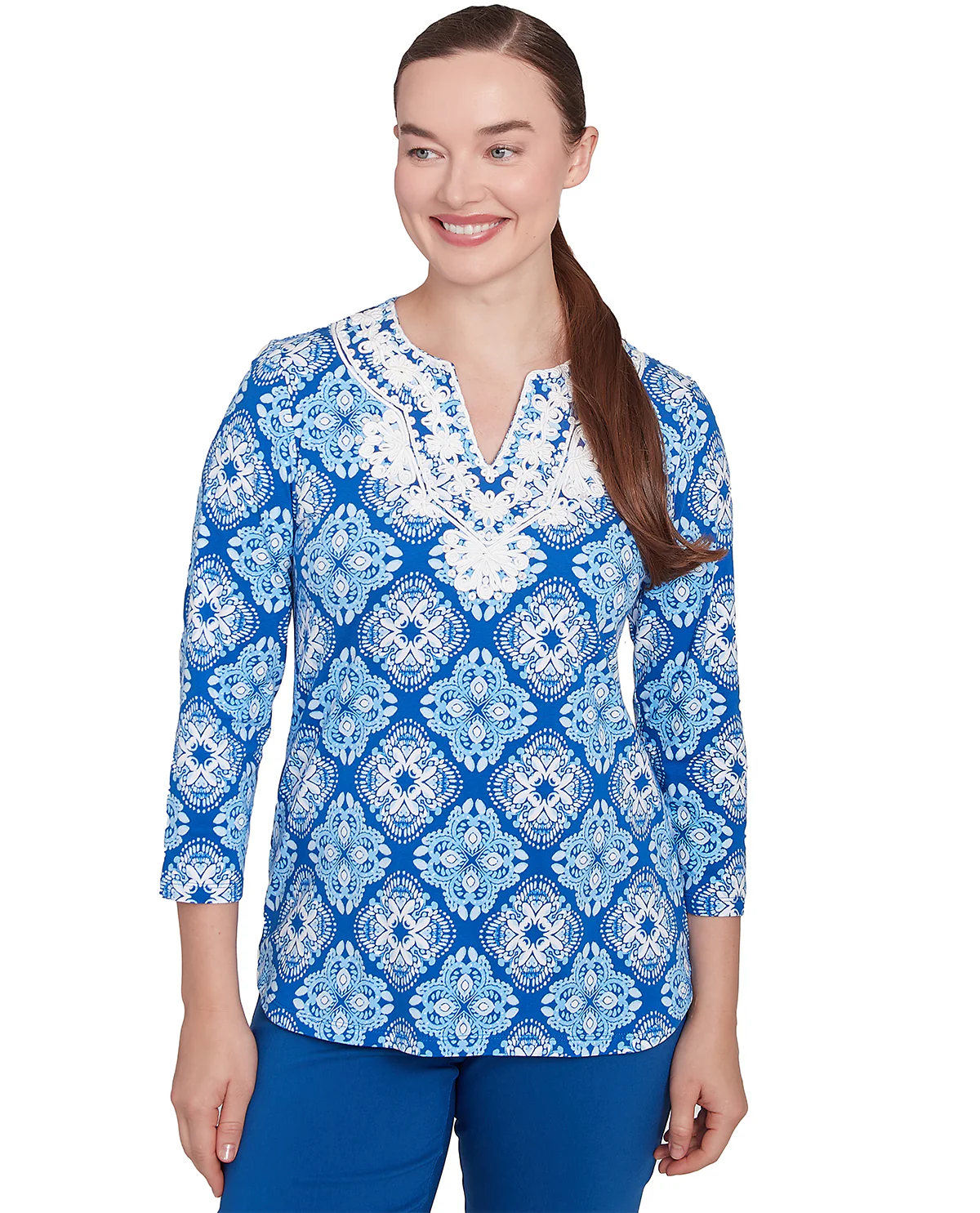 Ruby Road Tinted Tides Ornamental Knit Top French Blue