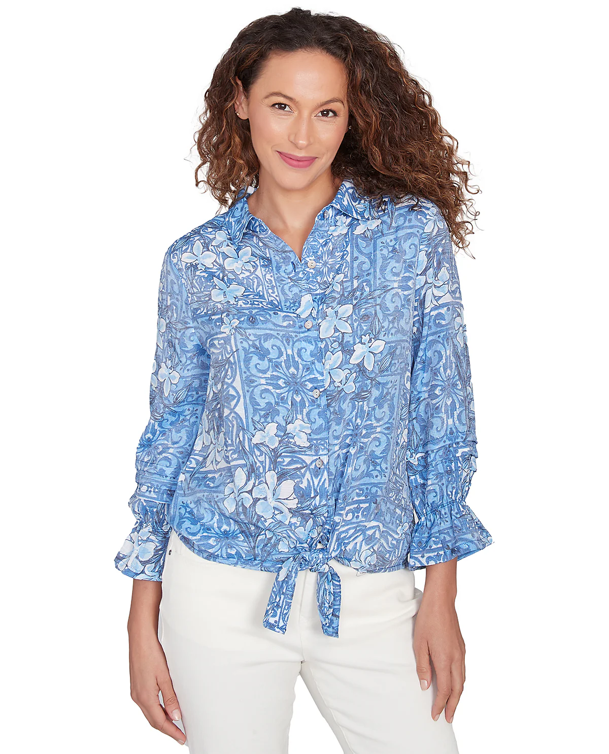 Ruby Road Tinted Tides Print Tie Front Slub Top French Blue