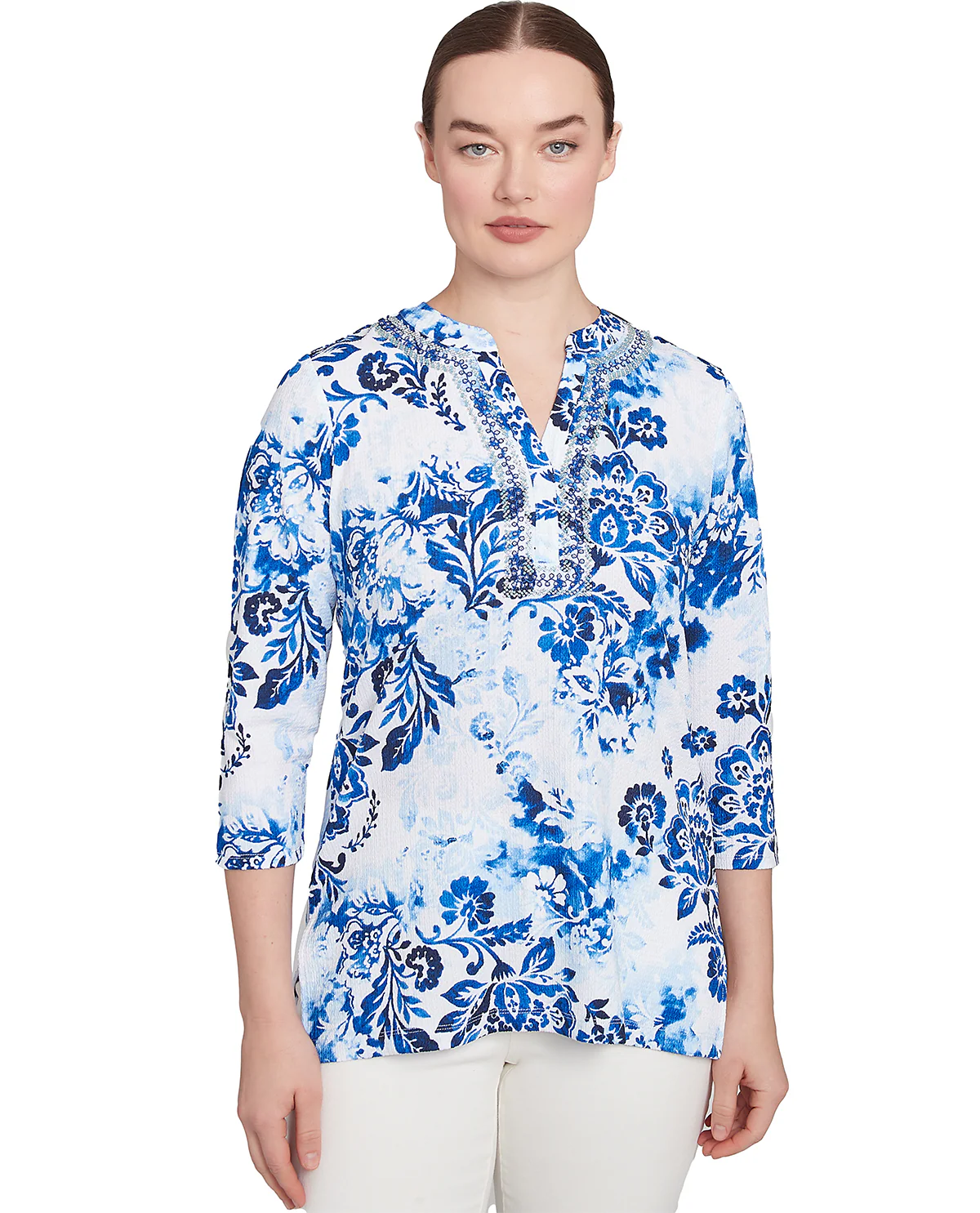 Ruby Road Tinted Tides Shadow Floral Knit Top French Blue