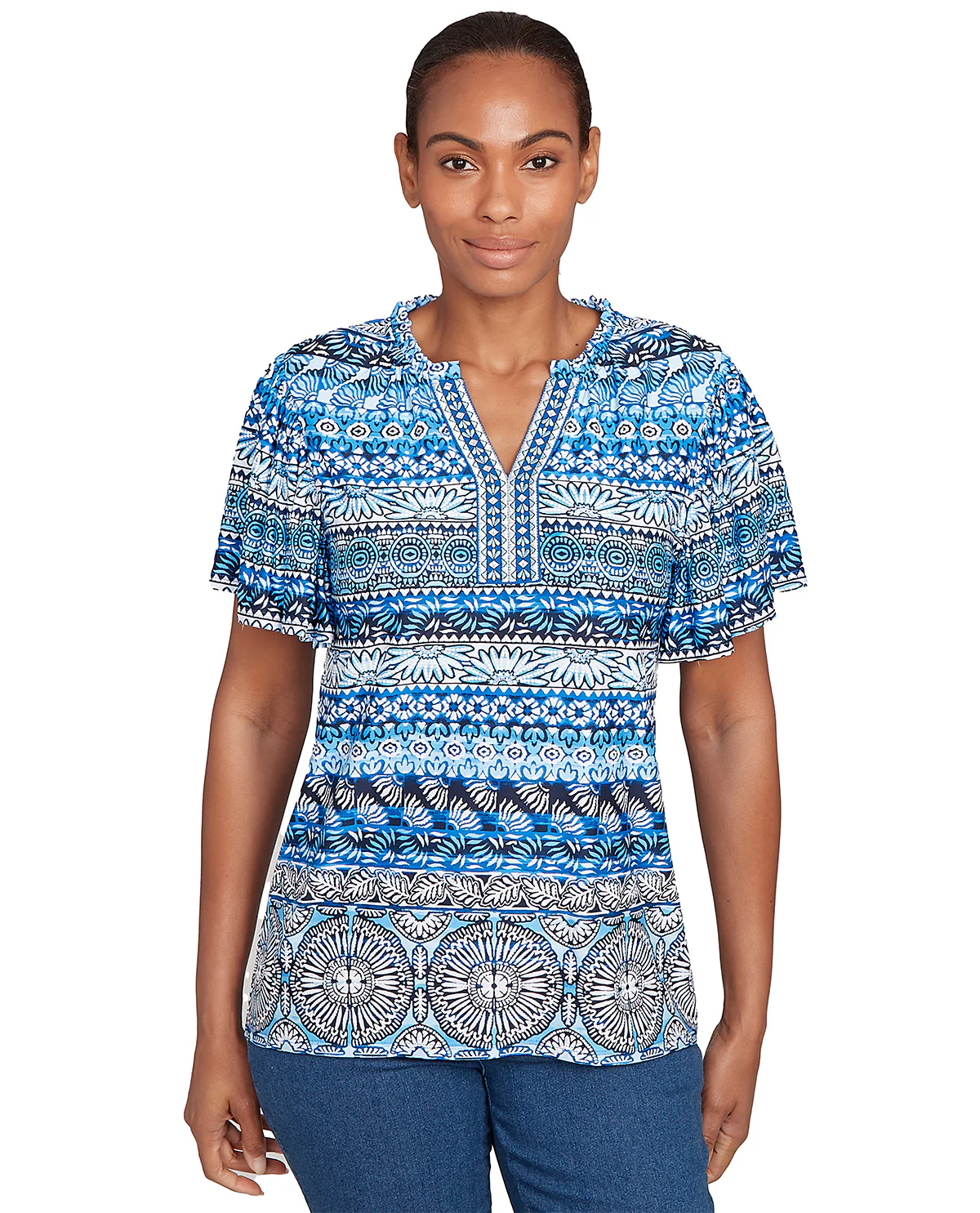 Ruby Road Tinted Tides Stripe Puff Knit Top French Blue