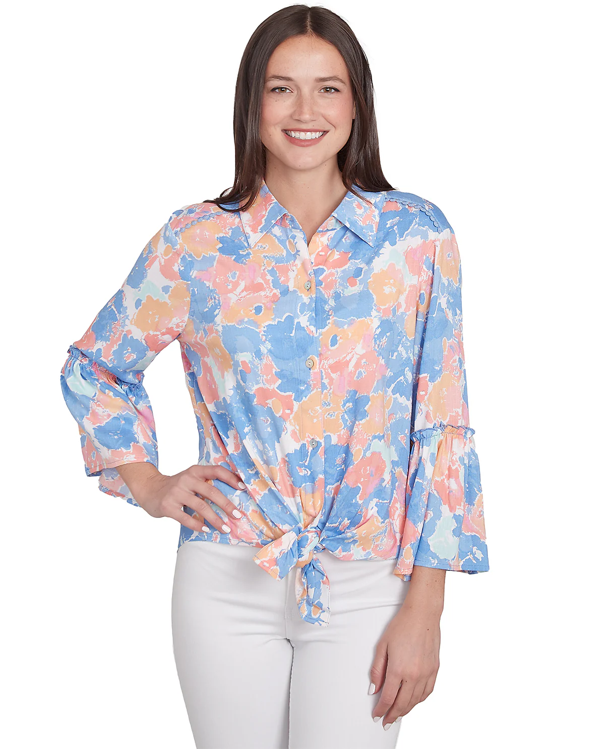 Ruby Road Watercolor Dreams 3/4 Sleeve Tie Front Floral Top Periwinkle