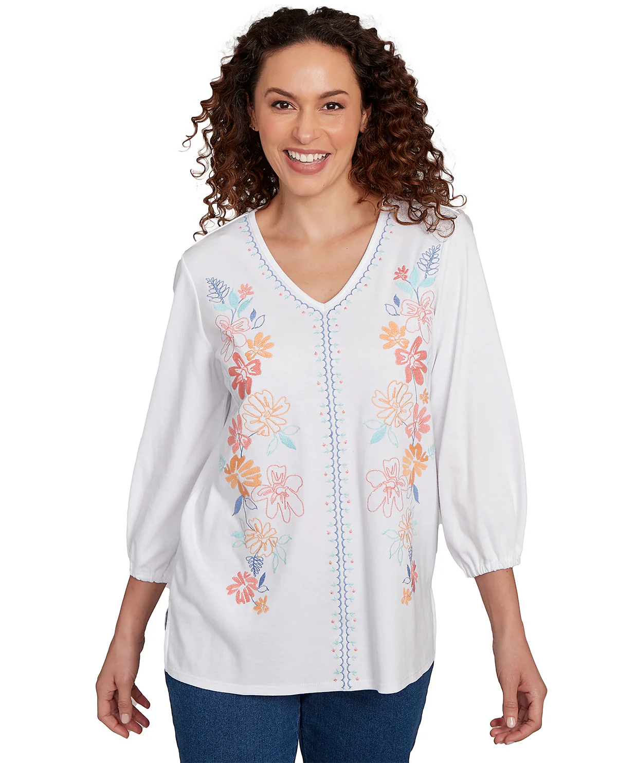 Ruby Road Watercolor Dreams V-Neck Embroidered Knit Top White