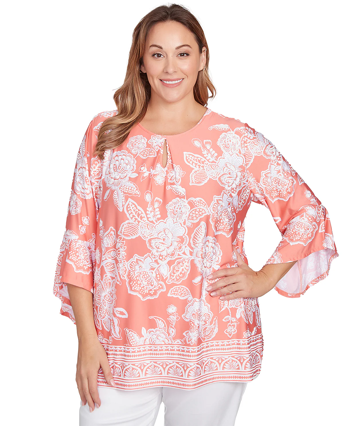 Ruby Road Watercolor Dreams Puff Knit Top Papaya