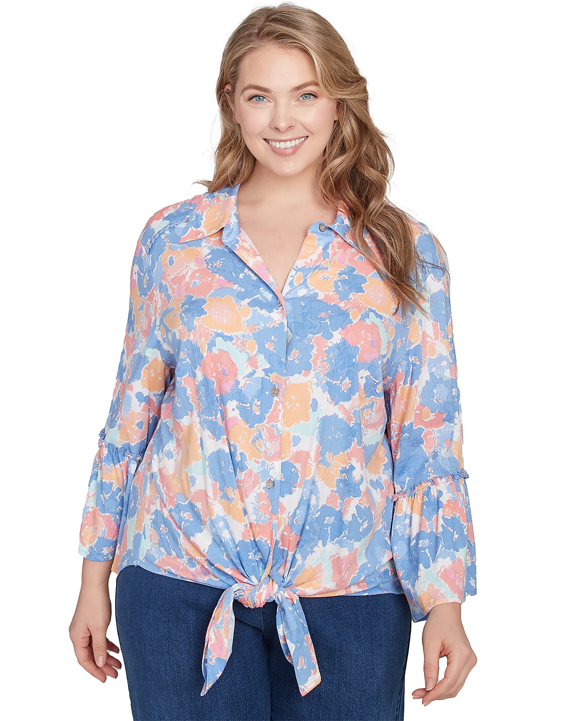 Ruby Road Watercolor Dreams Floral Tie Woven Top Peri Multi