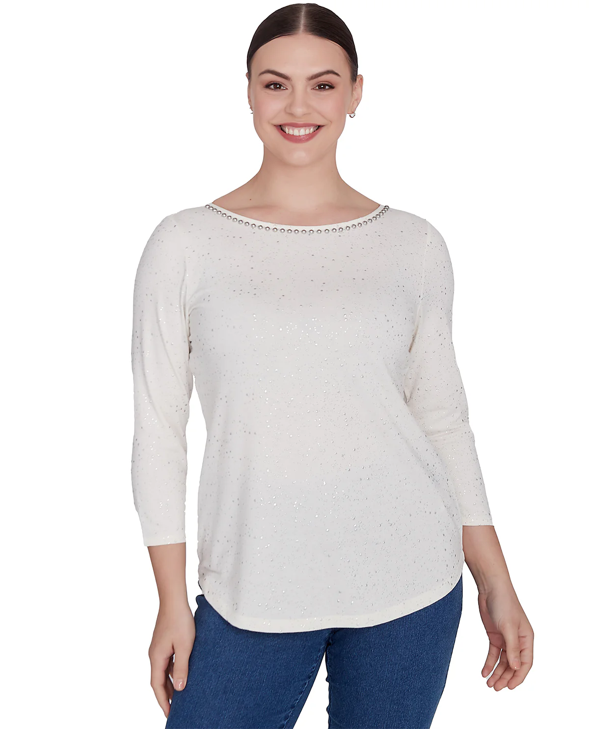 Ruby Road Wintery Glow Embroidered Glitter Knit Top White