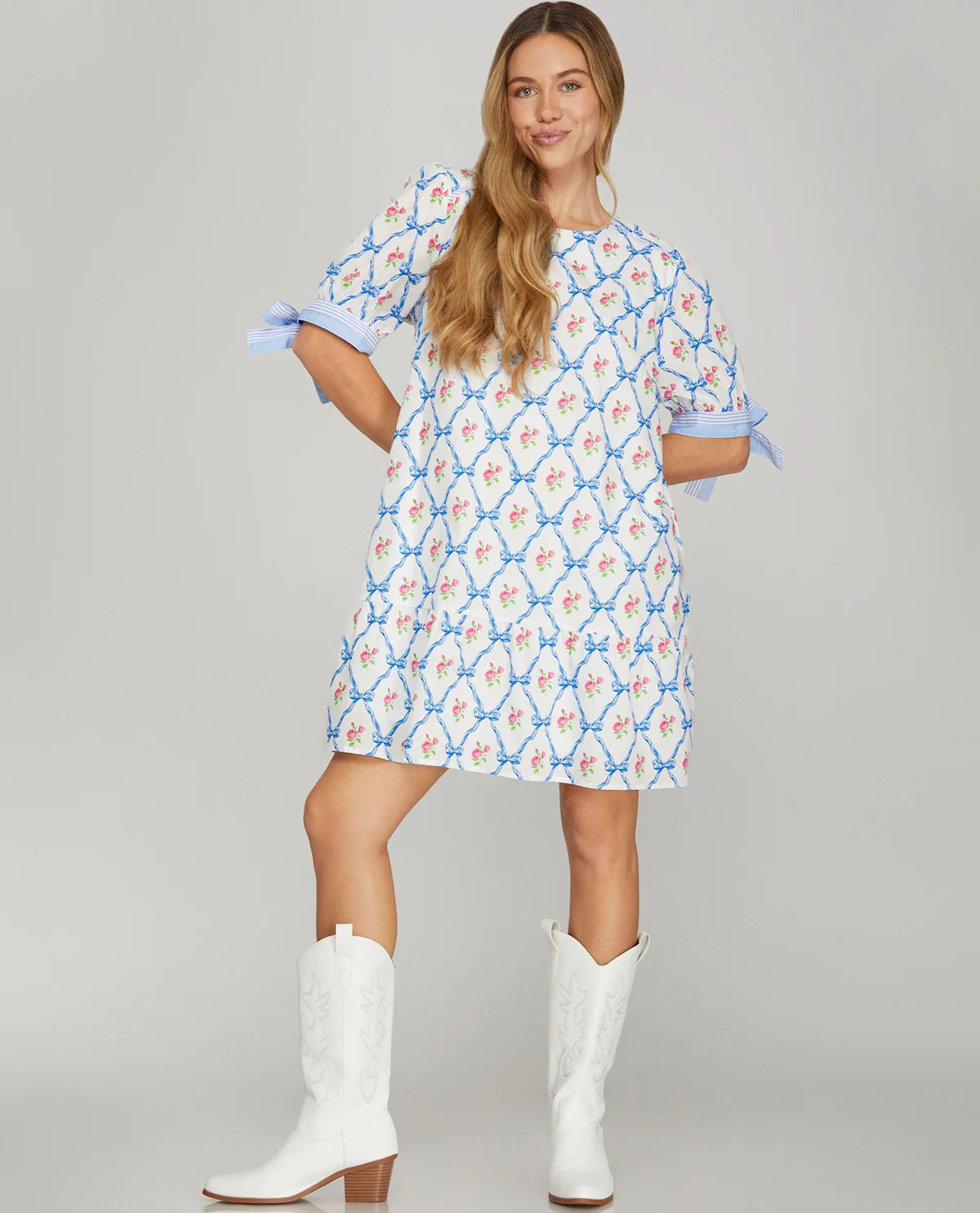 She & Sky Print Dress With Tie Sleeves Lt Blue
