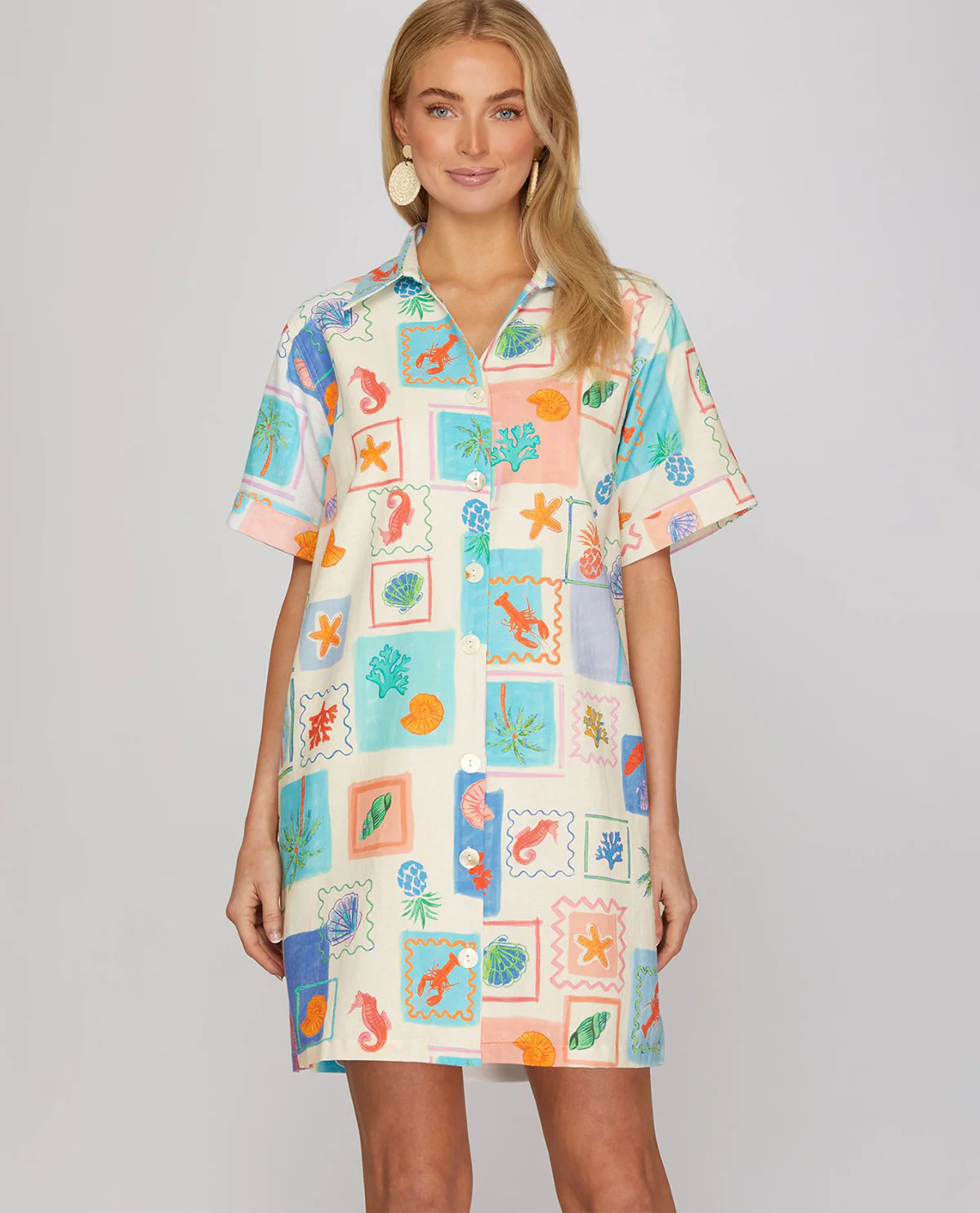She & Sky Print Button Down Dress Blue
