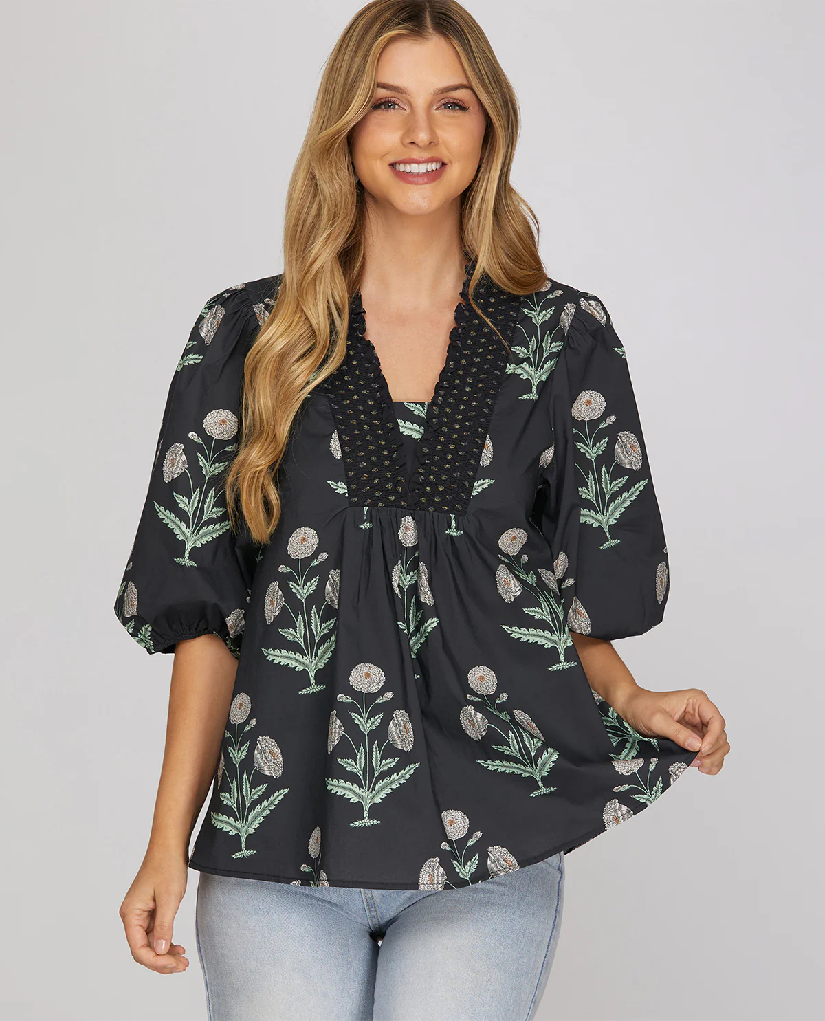 She & Sky Smock Neck Print Top Charcoal Navy
